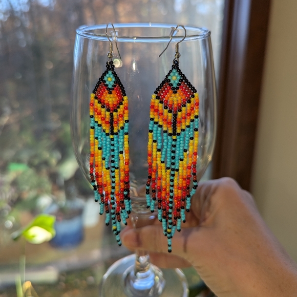 Bohemian Native American Handmade Beaded Tassel Earrings Western Style Colorful - Picture 3 of 15